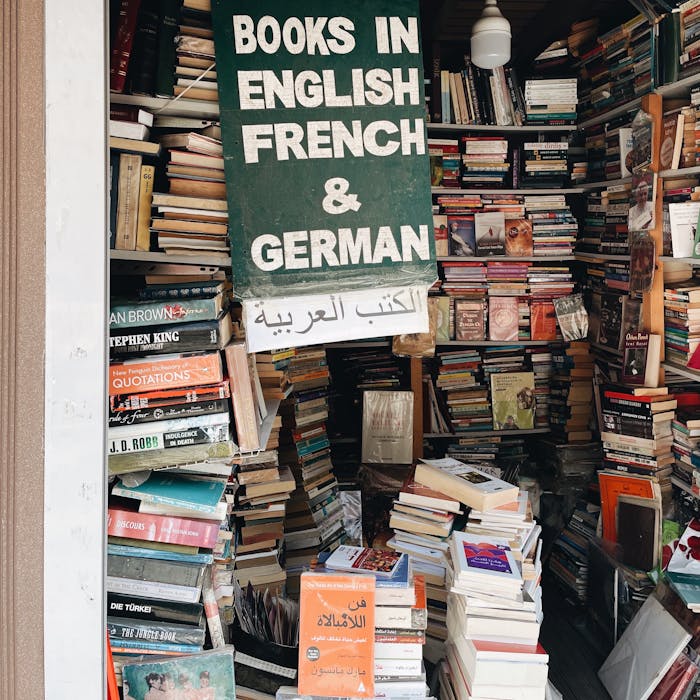 A cozy bookshop in Turkey featuring books in English, French, German, and Arabic displayed on crowded shelves.